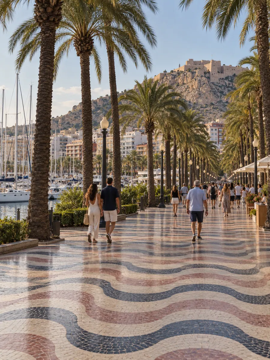 L’Explanada de España ad Alicante, con il mosaico a onde sotto le palme, il porto turistico e il castello di Santa Bárbara sulla collina