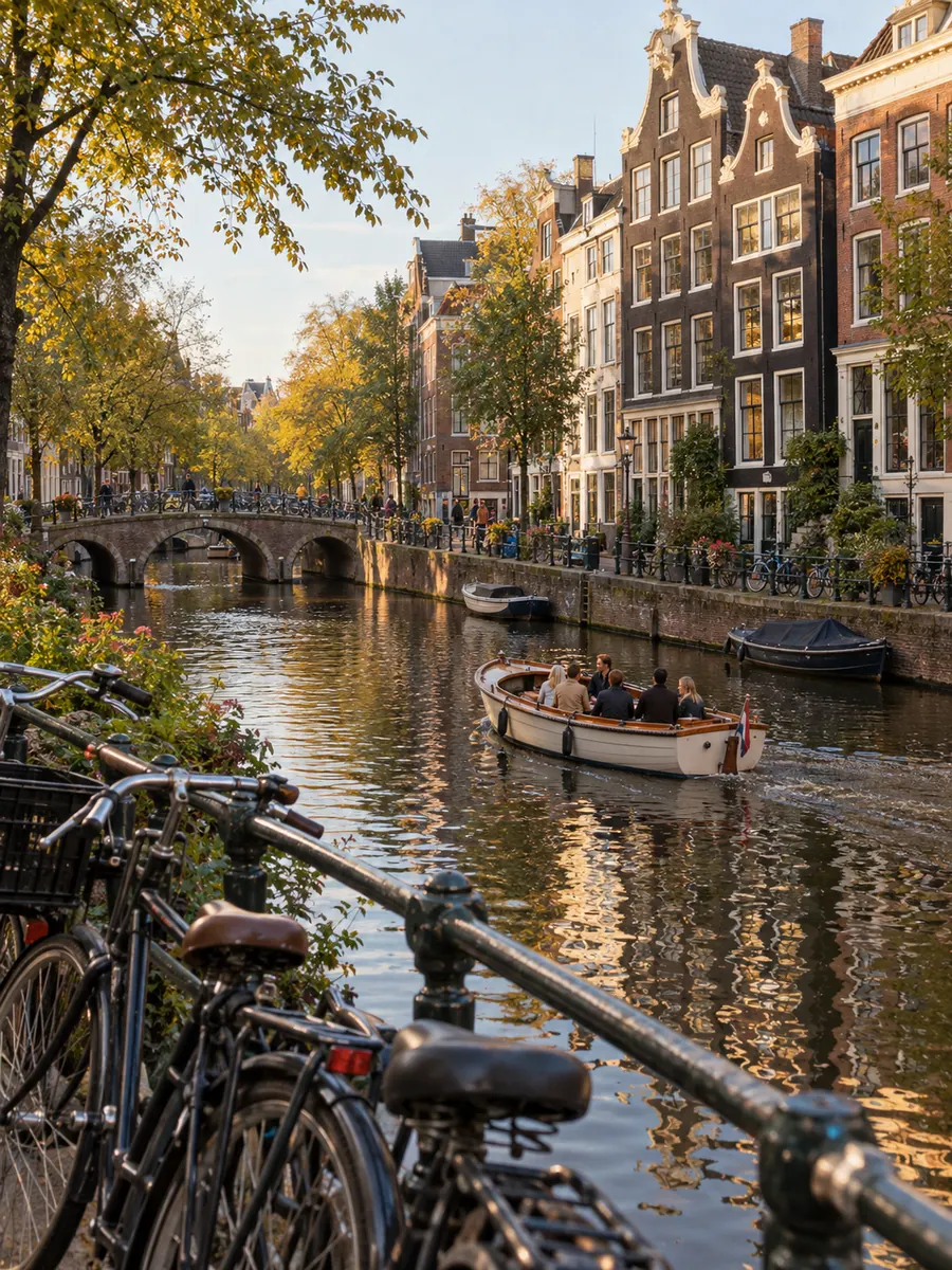 Biciclette appoggiate al parapetto di un ponte su un canale di Amsterdam, case strette riflesse nell’acqua
