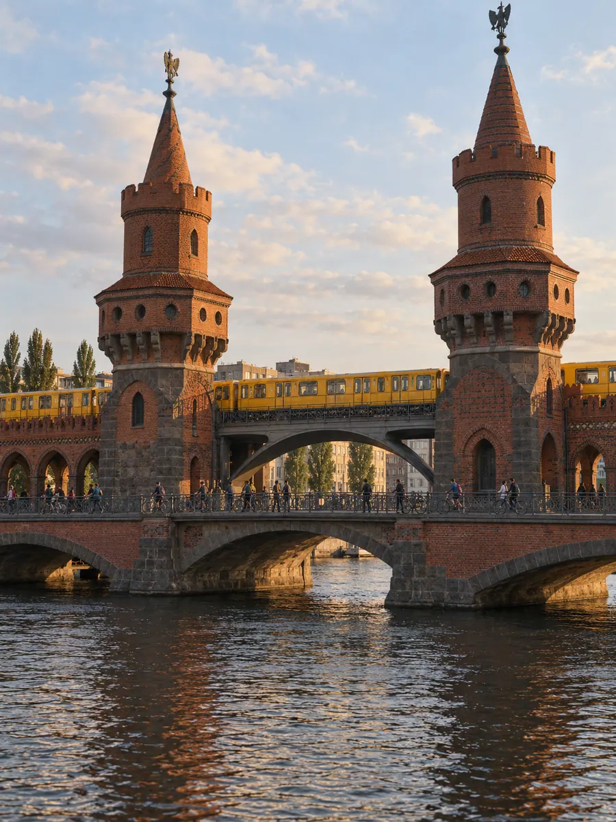 L’Oberbaumbrücke di mattoni rossi sulla Sprea a Berlino, con un treno giallo della metropolitana che attraversa il ponte