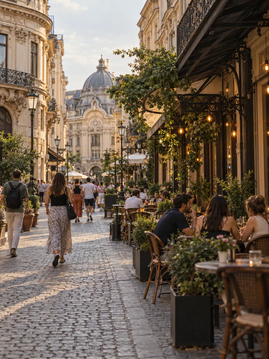 Una via pedonale del centro storico di Bucarest con palazzi Belle Époque e tavolini dei caffè