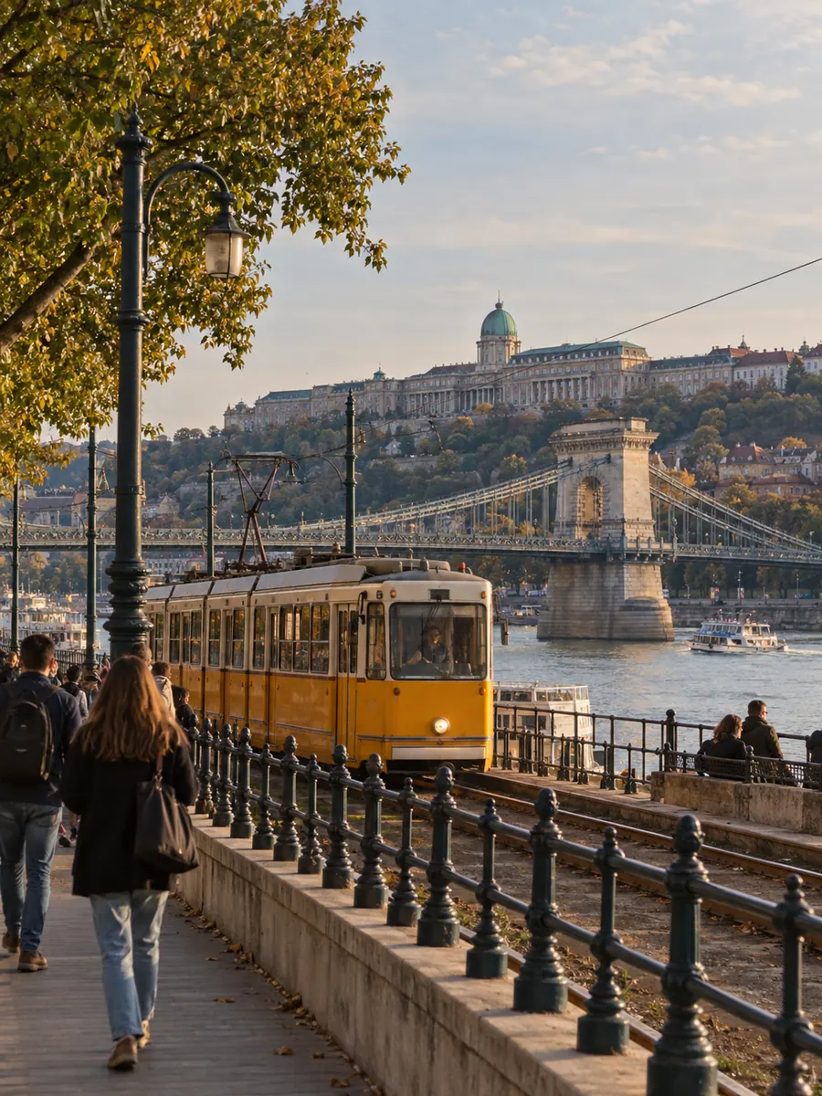 Un tram giallo sul lungo Danubio a Budapest, con il Ponte delle Catene alle spalle