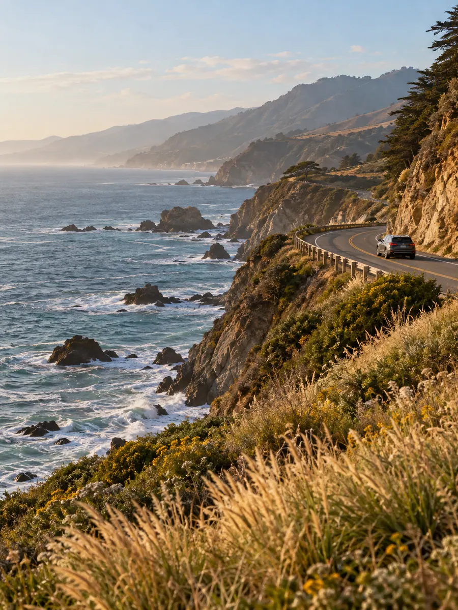 Un’auto sulla strada costiera della California, tra le scogliere e l’oceano