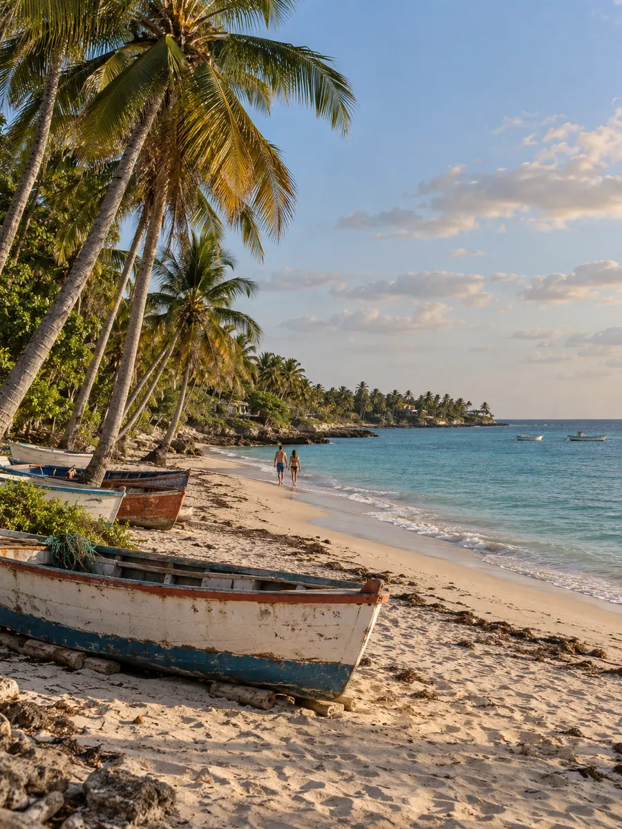 Una spiaggia di Bayahibe, nella Repubblica Dominicana, con barche da pesca di legno tirate in secco e palme sull’acqua turchese