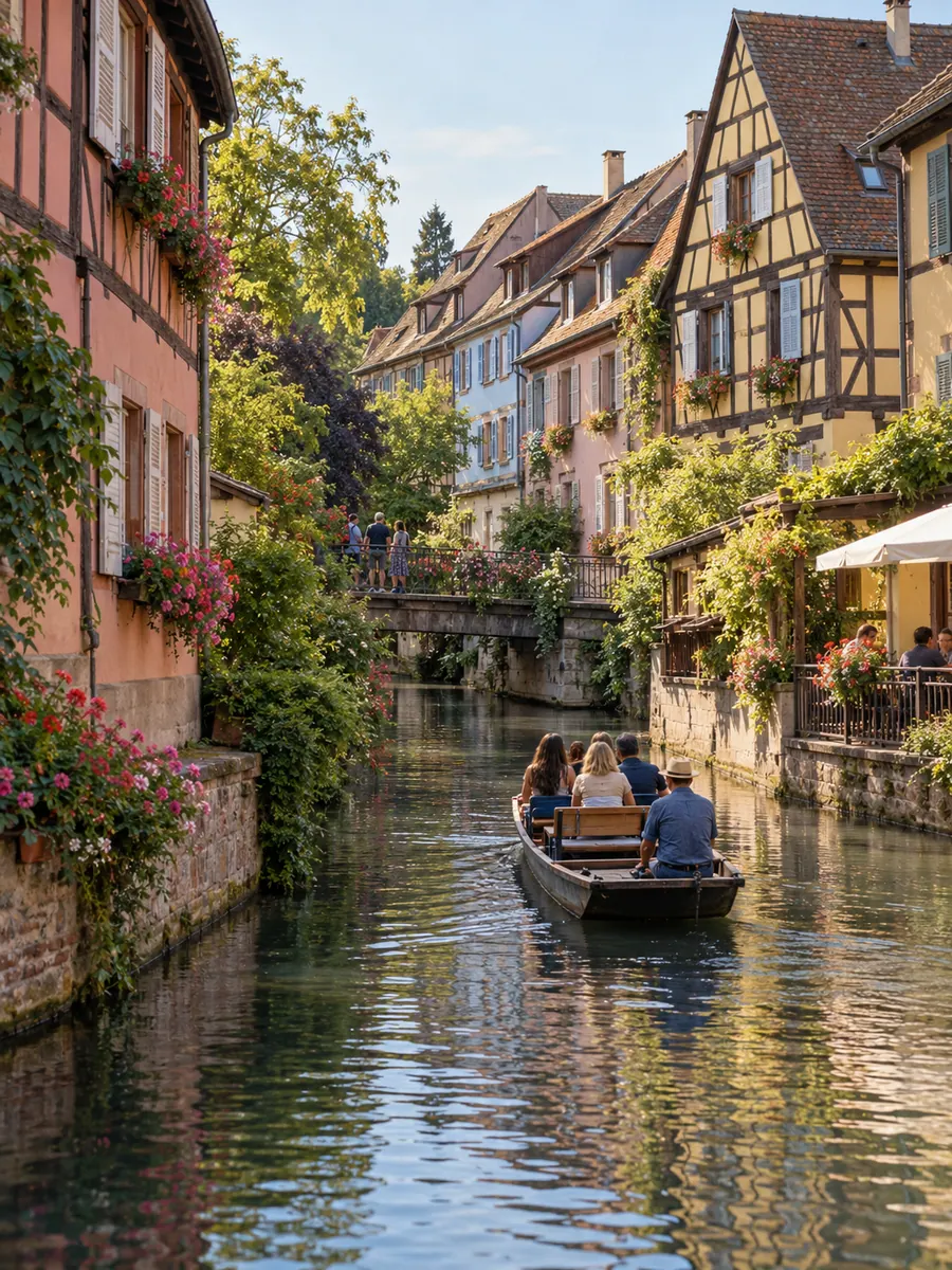 La Petite Venise di Colmar, in Alsazia: case a graticcio color pastello con i fiori alle finestre e una barca di gitanti sul canale