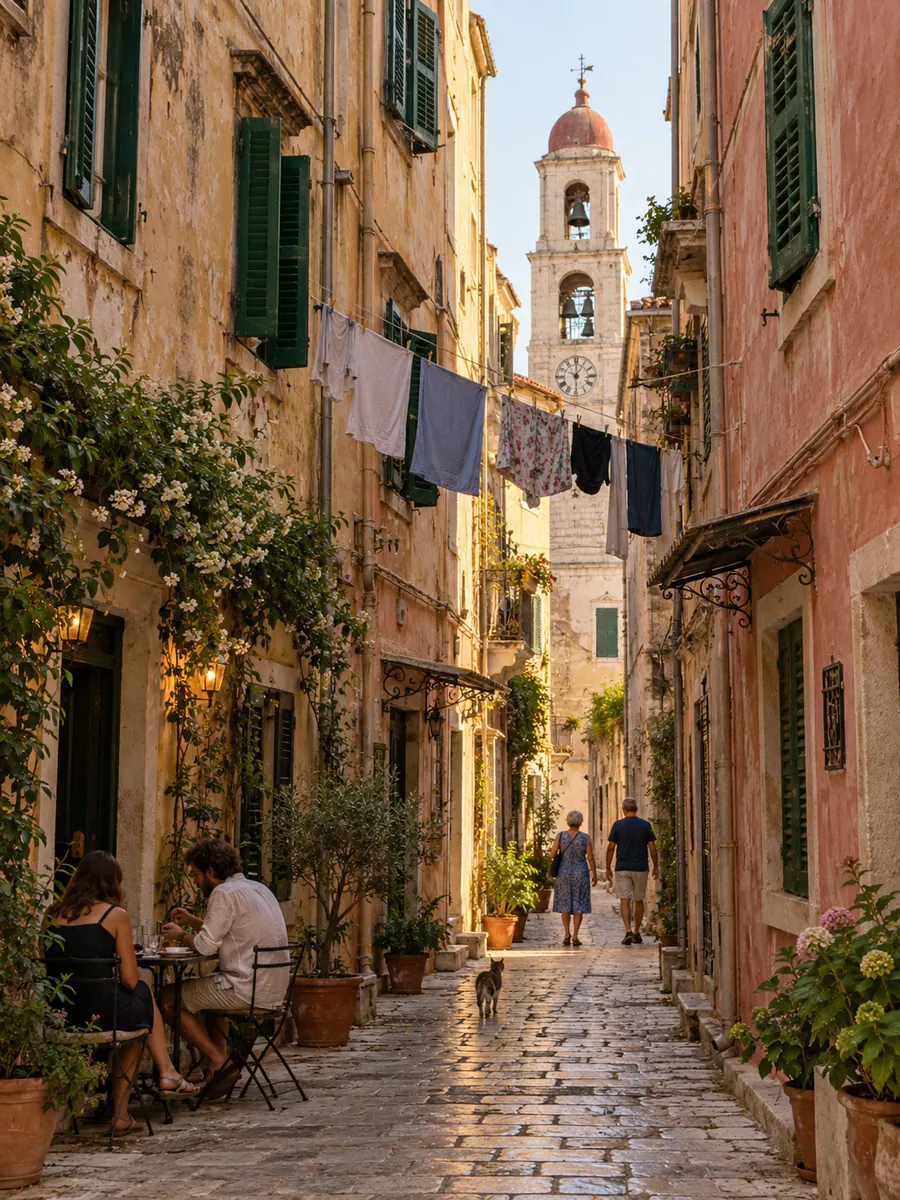 Un vicolo della città vecchia di Corfù tra palazzi veneziani color pastello, panni stesi, tavolini e il campanile in fondo