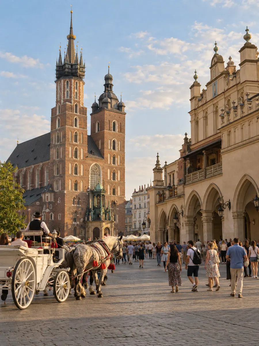 La piazza del Mercato di Cracovia con la basilica di Santa Maria, i portici del Mercato dei Tessuti e una carrozza a cavalli