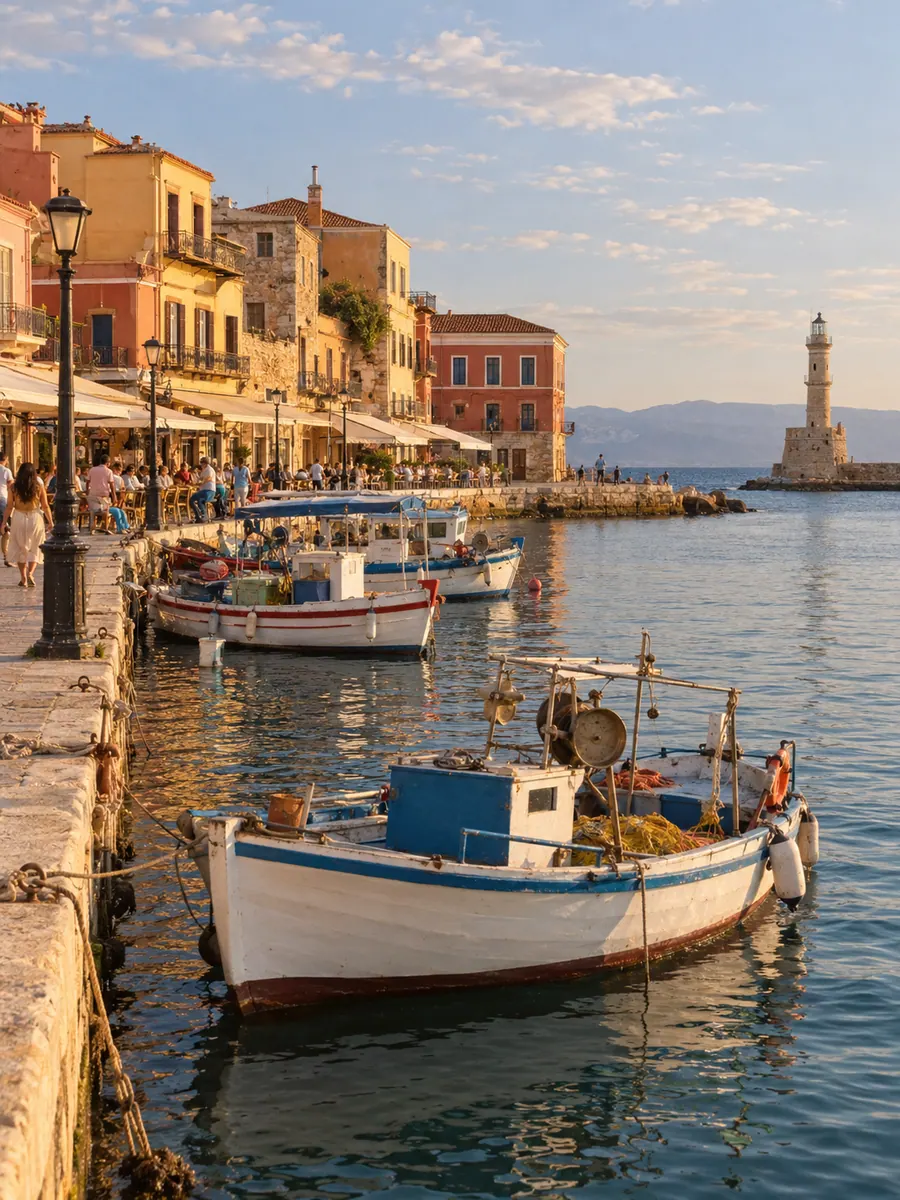 Il vecchio porto veneziano di La Canea, a Creta, con il faro di pietra, le case colorate sul lungomare e le barche da pesca