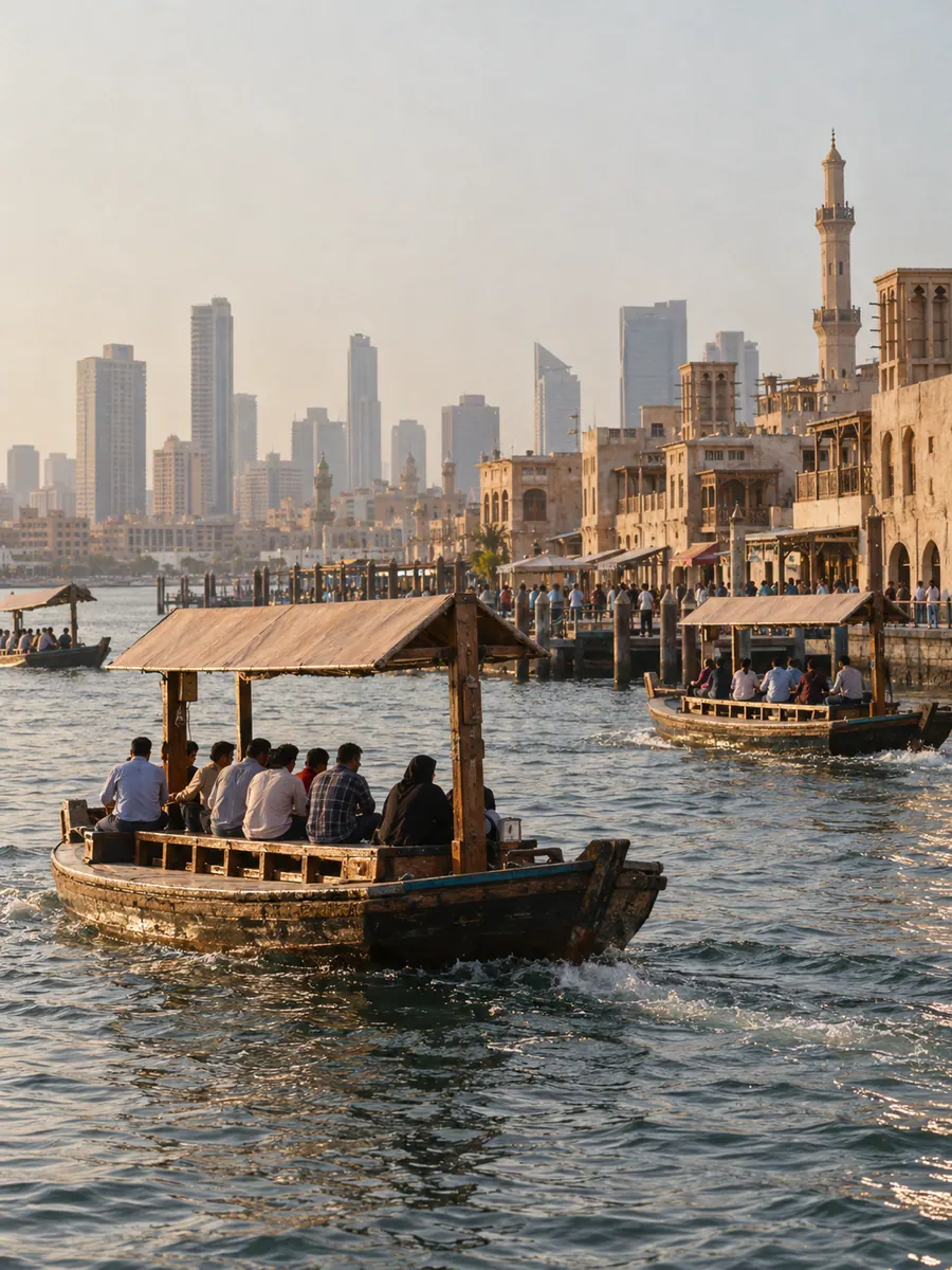 Le barche di legno che attraversano il Creek di Dubai, con il vecchio lungofiume e lo skyline nella foschia