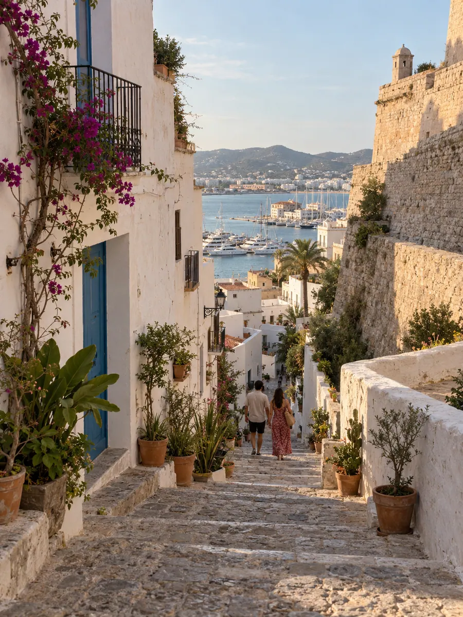 Una stradina imbiancata a calce di Dalt Vila, la città vecchia di Ibiza, che scende tra bouganville e mura verso il porto
