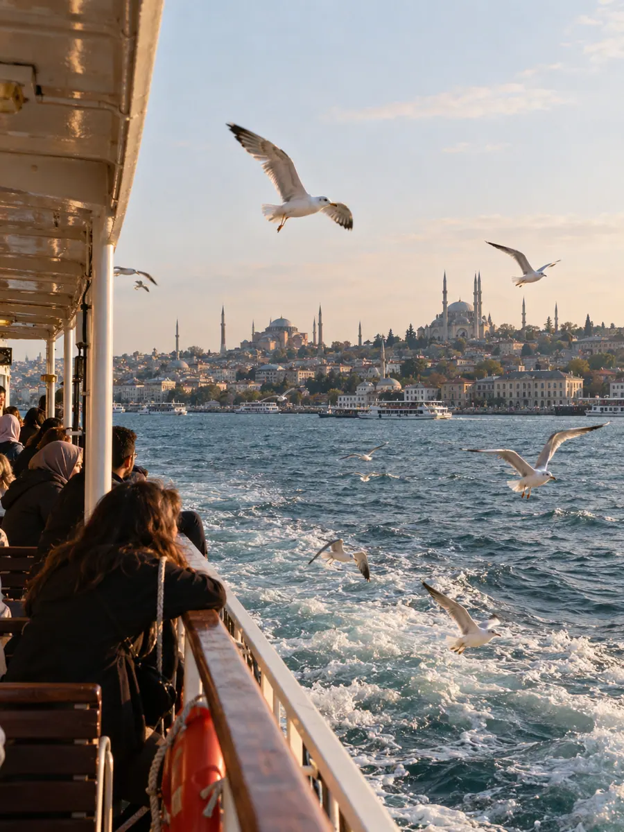 Il Bosforo visto dal ponte di un traghetto a Istanbul, gabbiani in volo e le cupole e i minareti della città vecchia sull’altra riva