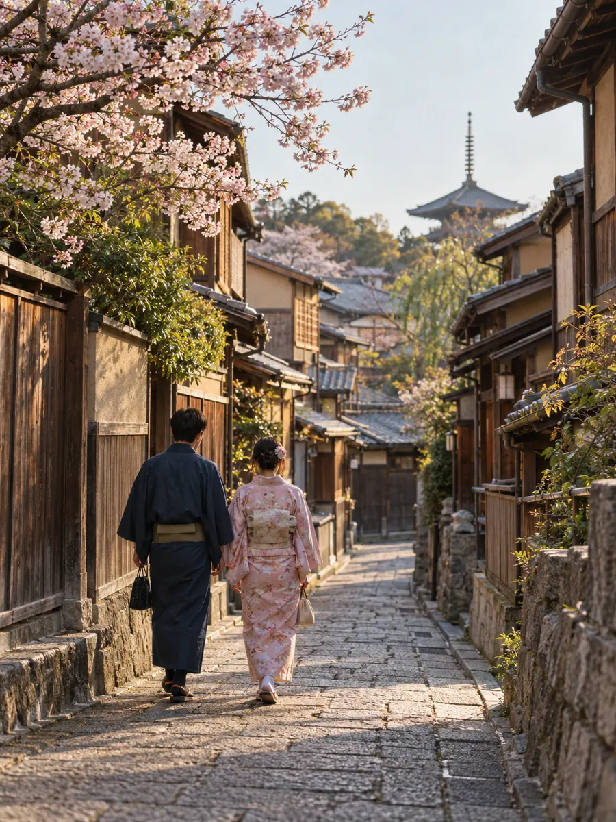 Una stradina in pietra di Kyoto con case di legno e rami di ciliegio in fiore