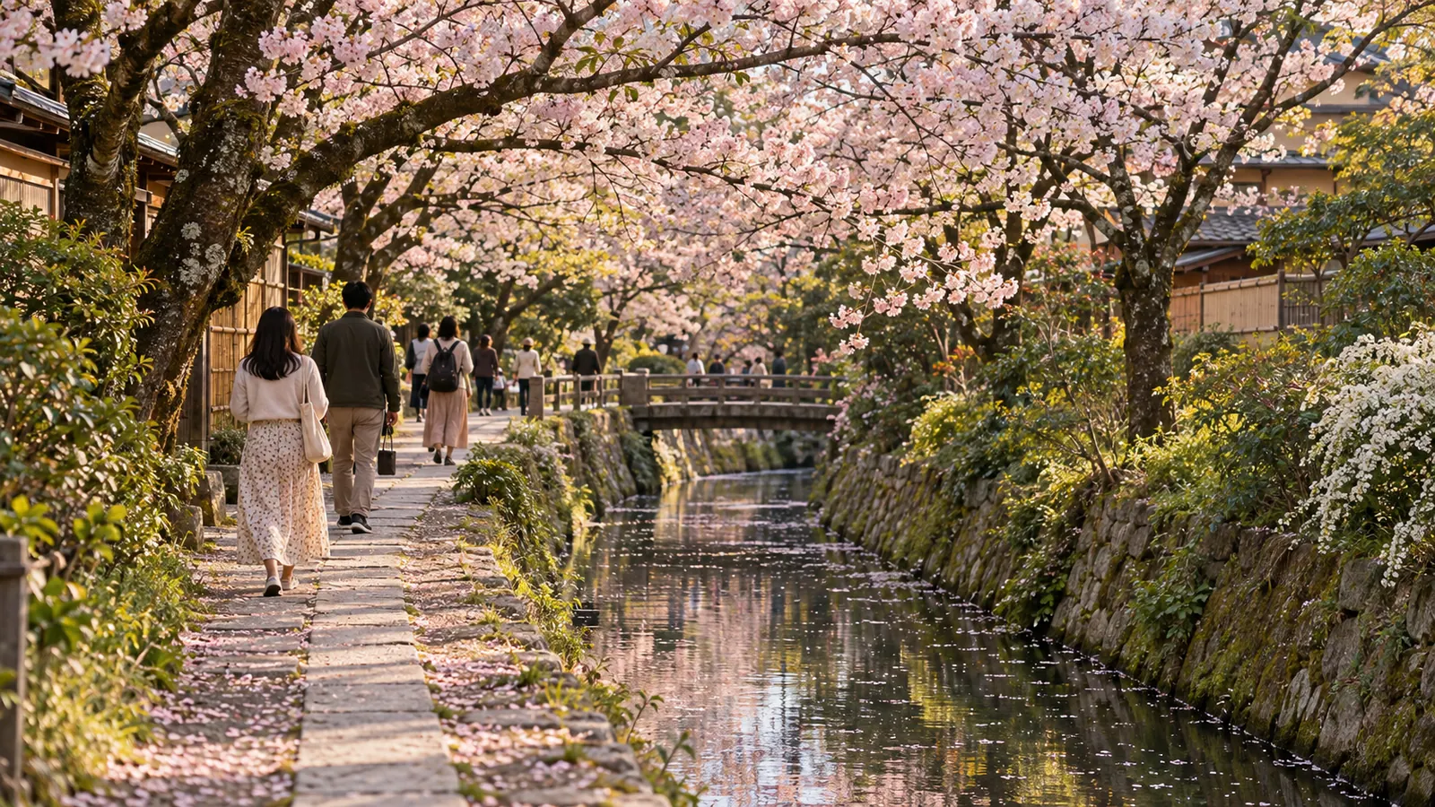 Il Sentiero del Filosofo a Kyoto, lungo un canale fiancheggiato da ciliegi in fiore