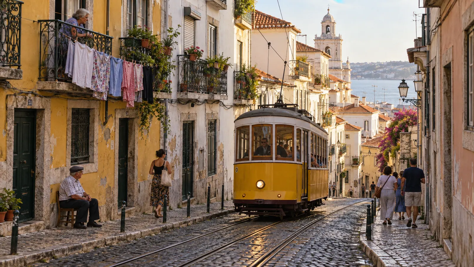 Un tram giallo sale per una stradina in pietra dell’Alfama, a Lisbona, tra panni stesi e passanti