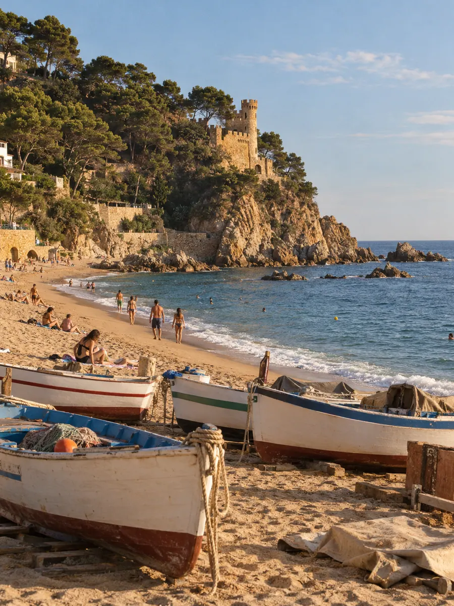 La spiaggia di Lloret de Mar, in Costa Brava, con le barche da pesca tirate in secco e il castello sulla punta della baia