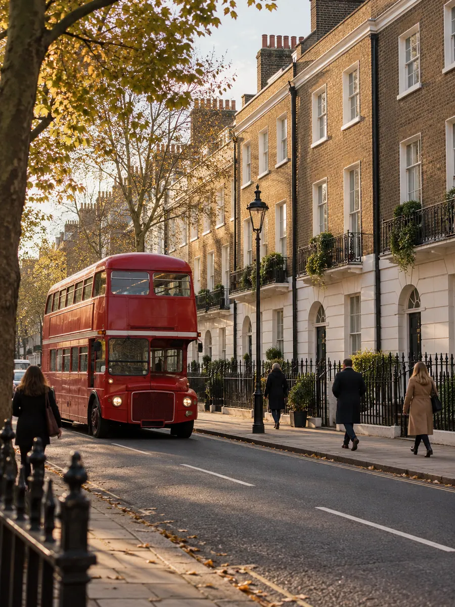 Un autobus rosso a due piani in una strada di Londra con case di mattoni e ringhiere nere