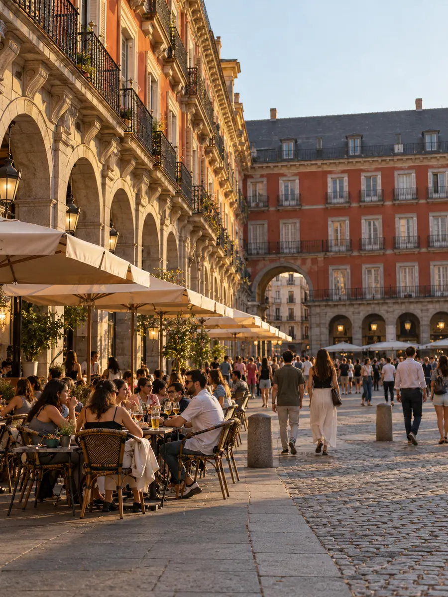 Una piazza porticata di Madrid con tavolini all’aperto e facciate color ocra