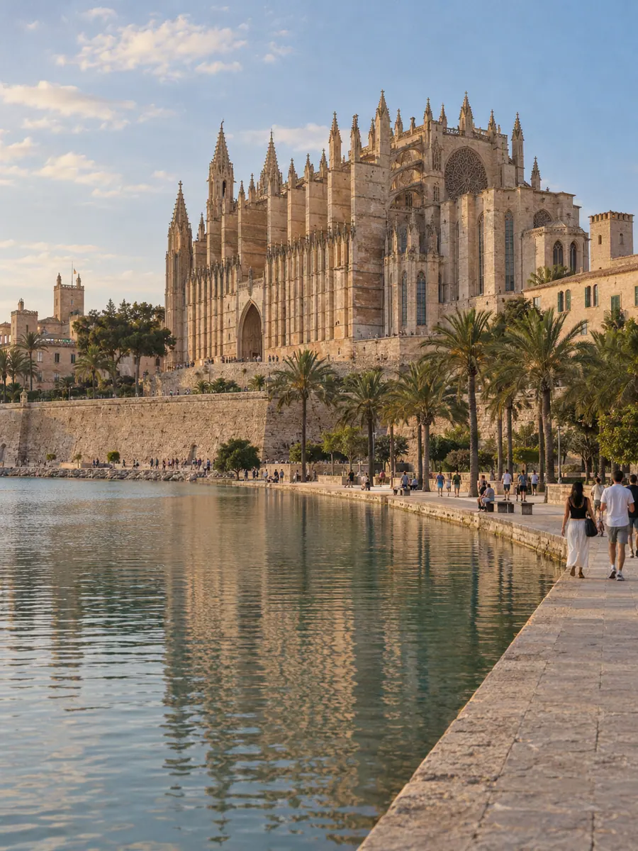 La cattedrale gotica di Palma di Maiorca sopra le mura e le palme, riflessa nel lago del Parc de la Mar