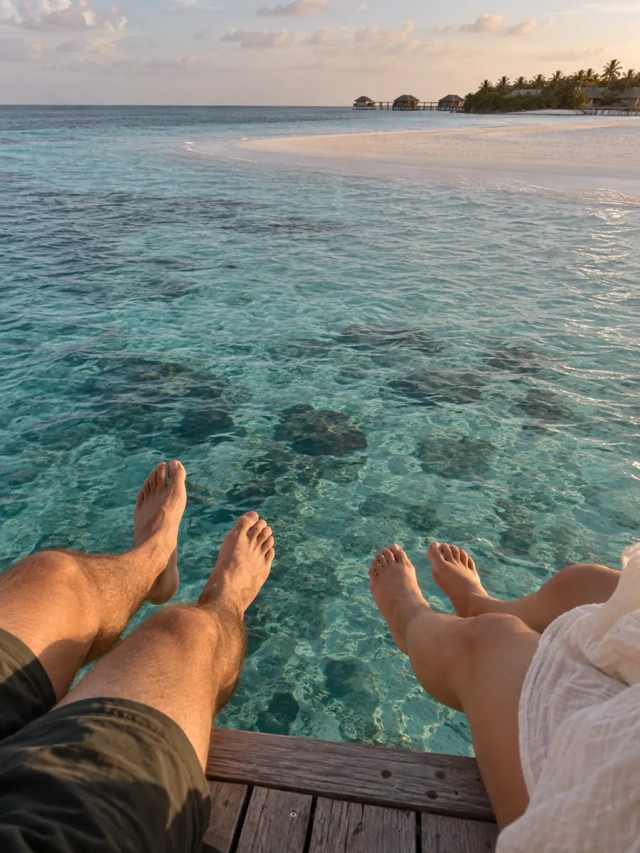 Due paia di piedi nudi penzolano dal pontile di una villa sull’acqua alle Maldive