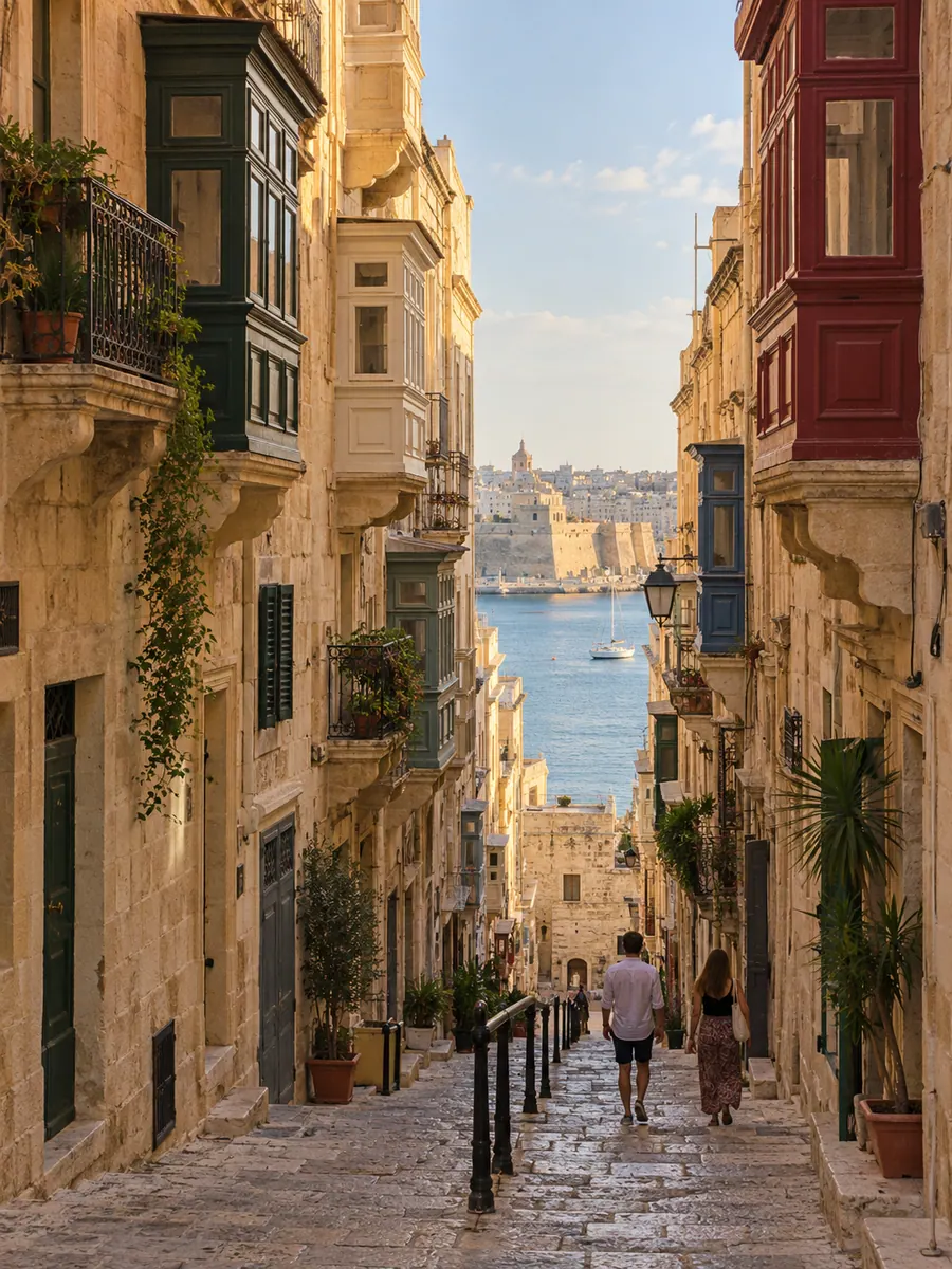 Una stradina in discesa della Valletta, a Malta, tra palazzi di pietra color miele e balconi di legno colorati, con il porto in fondo