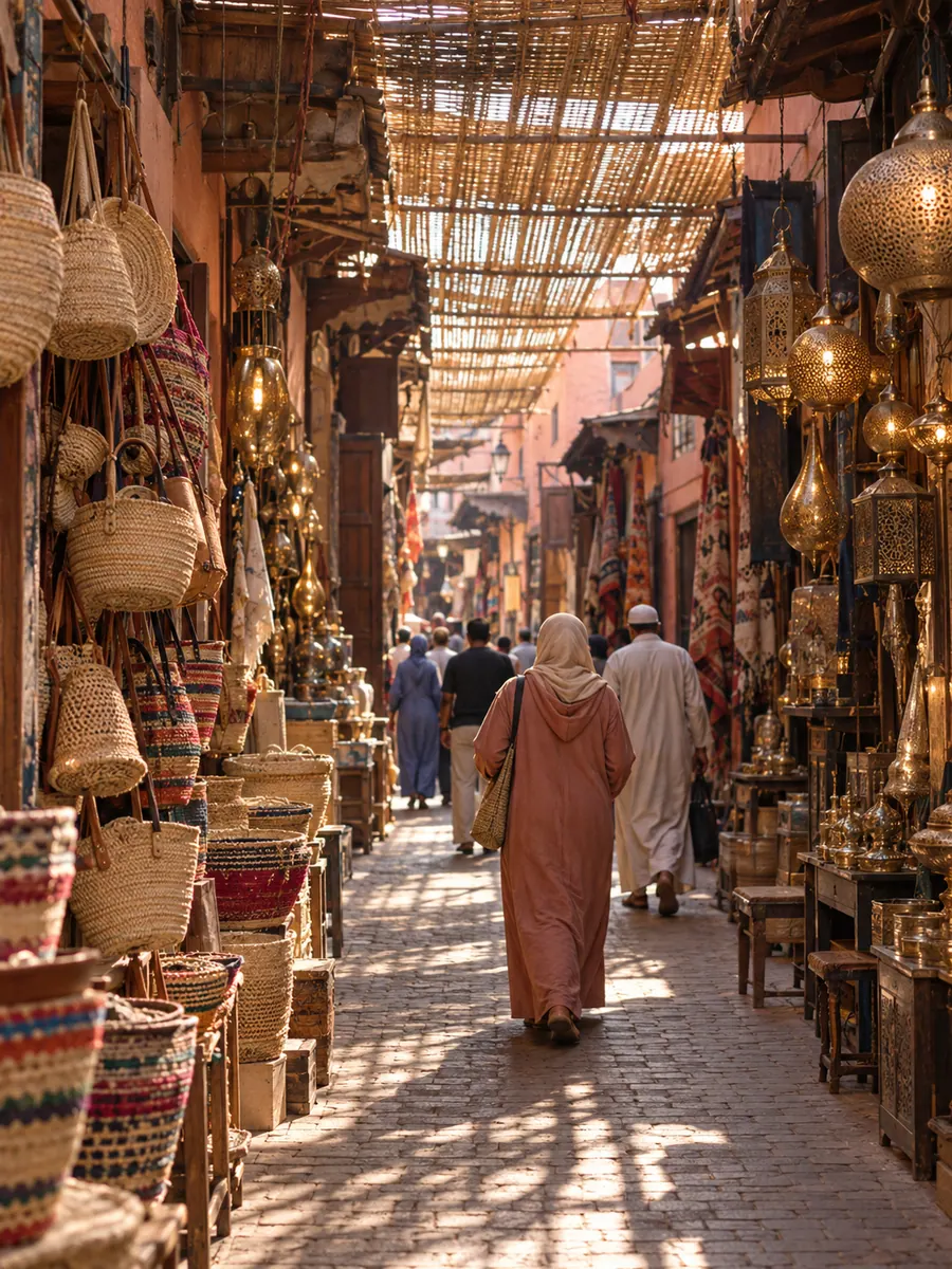 Un vicolo del suk di Marrakech con cesti intrecciati e lanterne, la luce che filtra dal tetto di canne