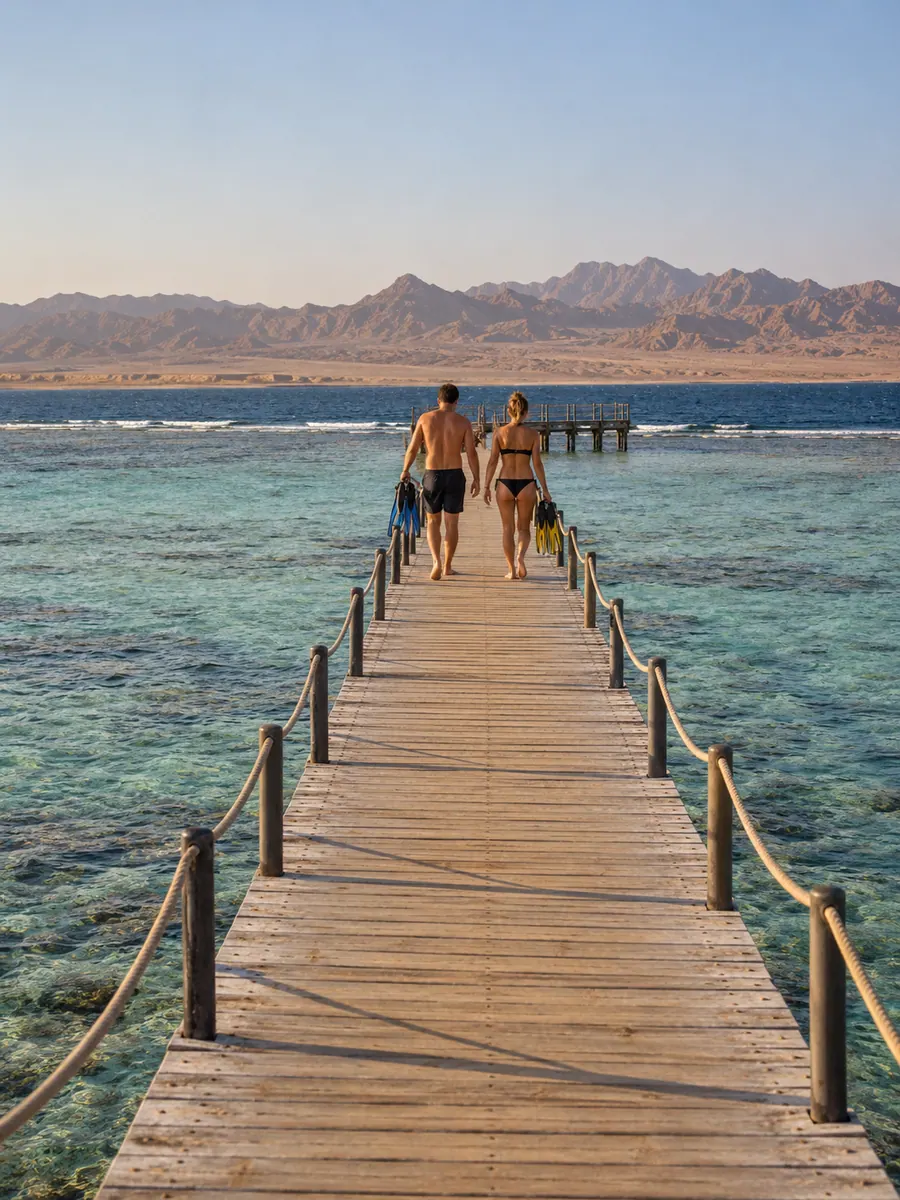 Un pontile di legno sull’acqua turchese fino alla barriera corallina di Marsa Alam, due persone con le pinne e le montagne del deserto all’orizzonte