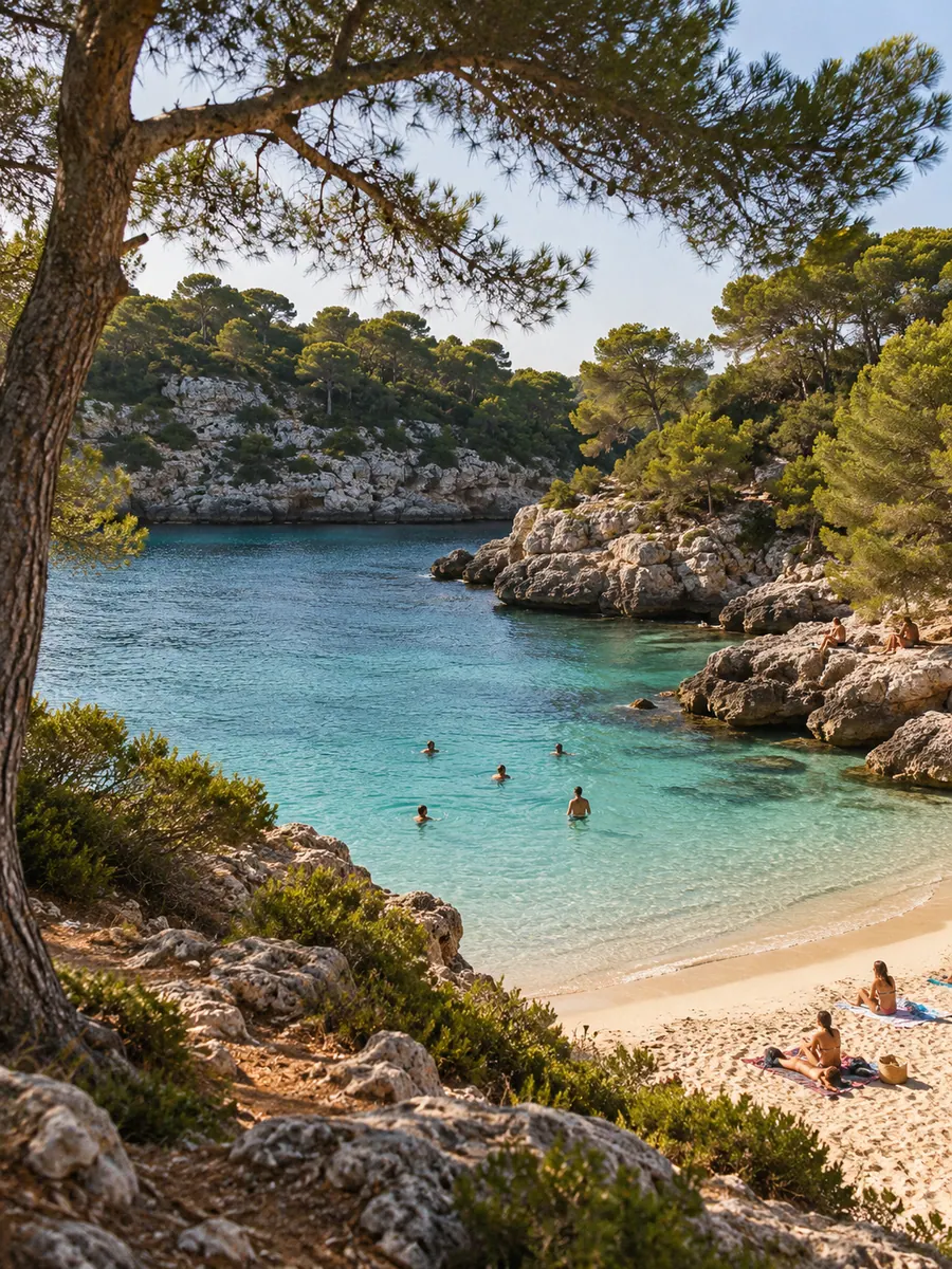 Una caletta di Minorca con sabbia bianca e acqua turchese tra pini e scogli bassi, qualche persona che nuota