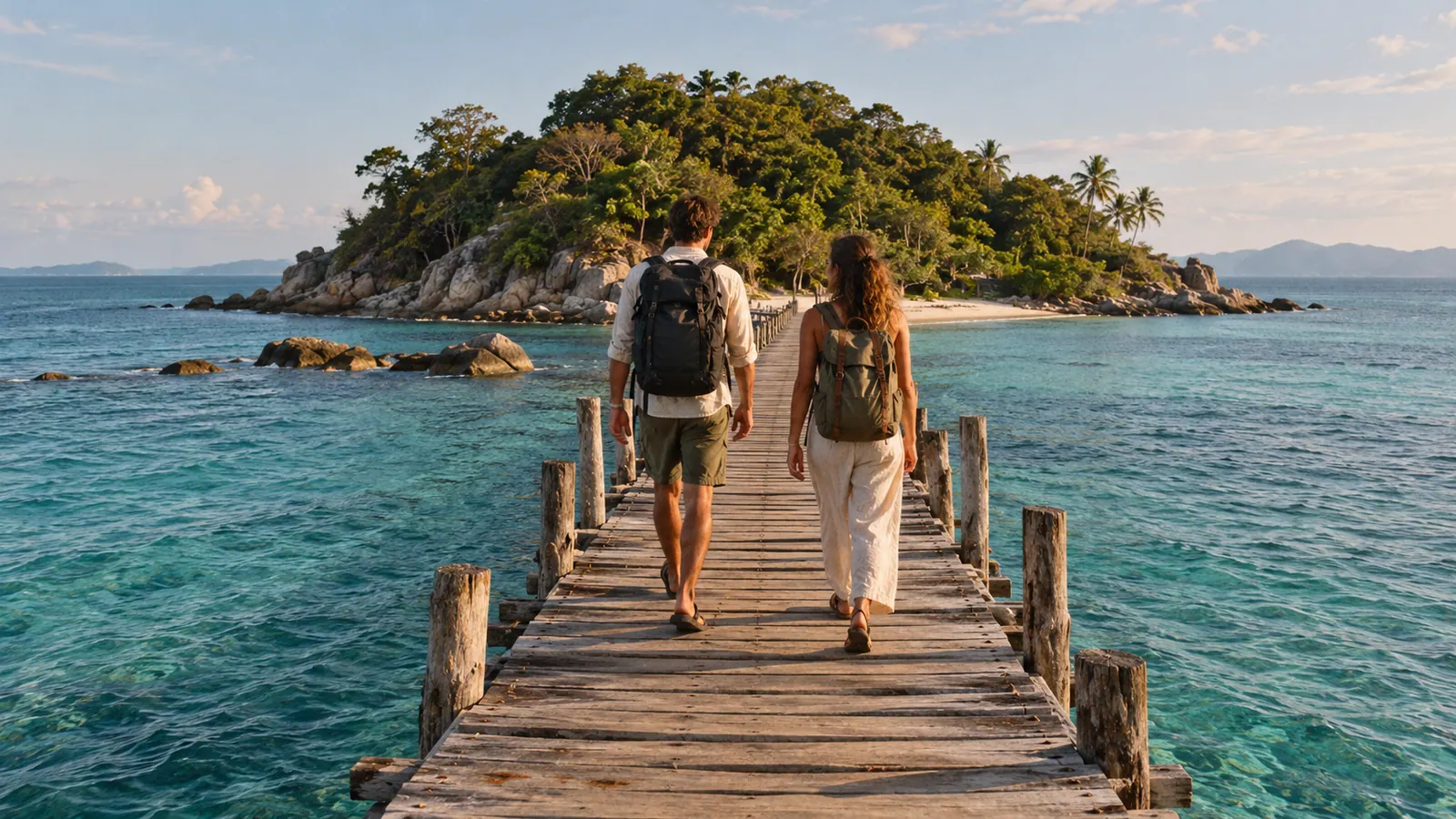 Due viaggiatori di spalle camminano su un pontile di legno verso una piccola isola verde, acqua turchese tutto intorno