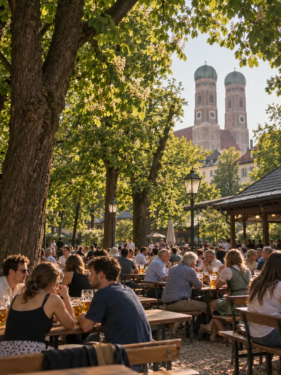 Una birreria all’aperto di Monaco di Baviera sotto i castagni, con le due torri a cupola della Frauenkirche sopra gli alberi