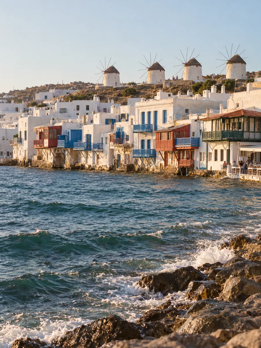 La Piccola Venezia di Mykonos con le case bianche e i balconi colorati sull’acqua, i mulini a vento sulla collina alle spalle