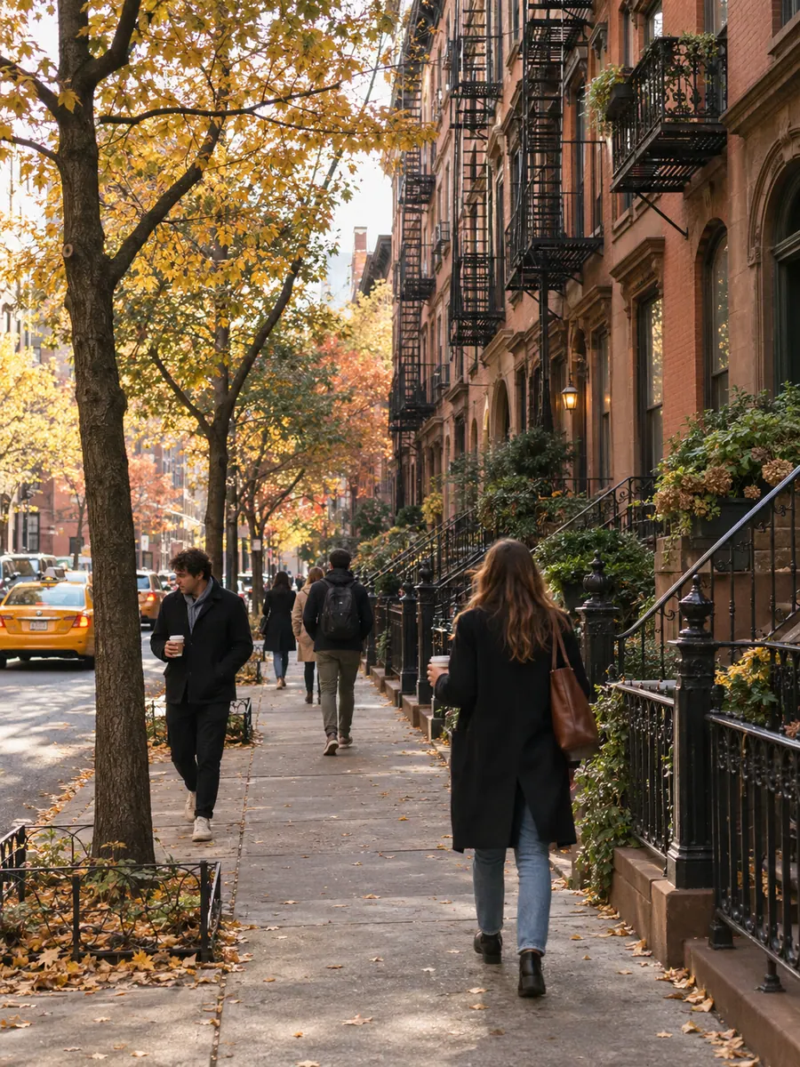 Una via del West Village a Manhattan, New York, con le scalinate delle case in arenaria, le scale antincendio nere e un taxi giallo che passa