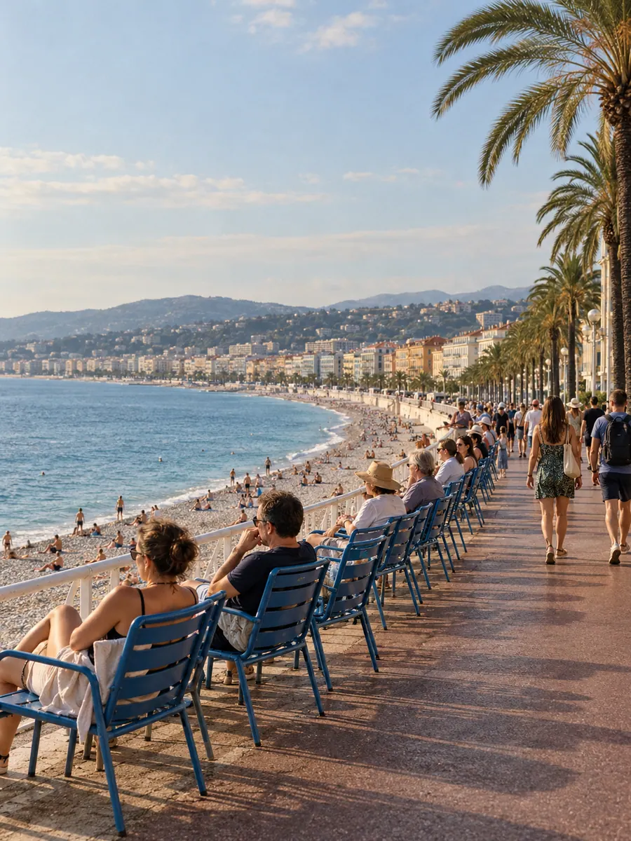 La Promenade des Anglais a Nizza con le sedie blu rivolte alla Baia degli Angeli, la spiaggia di ciottoli e le palme