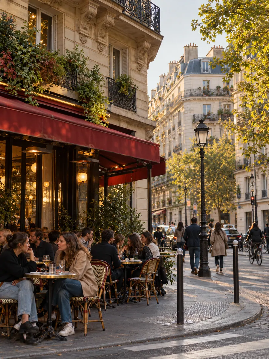 Un dehors di caffè a un angolo di strada di Parigi, con persone sedute ai tavolini