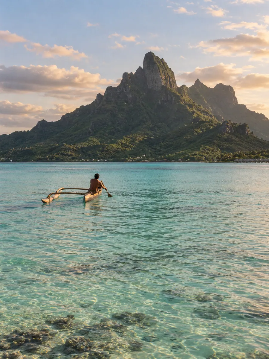 Una canoa a bilanciere nella laguna di Bora Bora, con il monte Otemanu alle spalle
