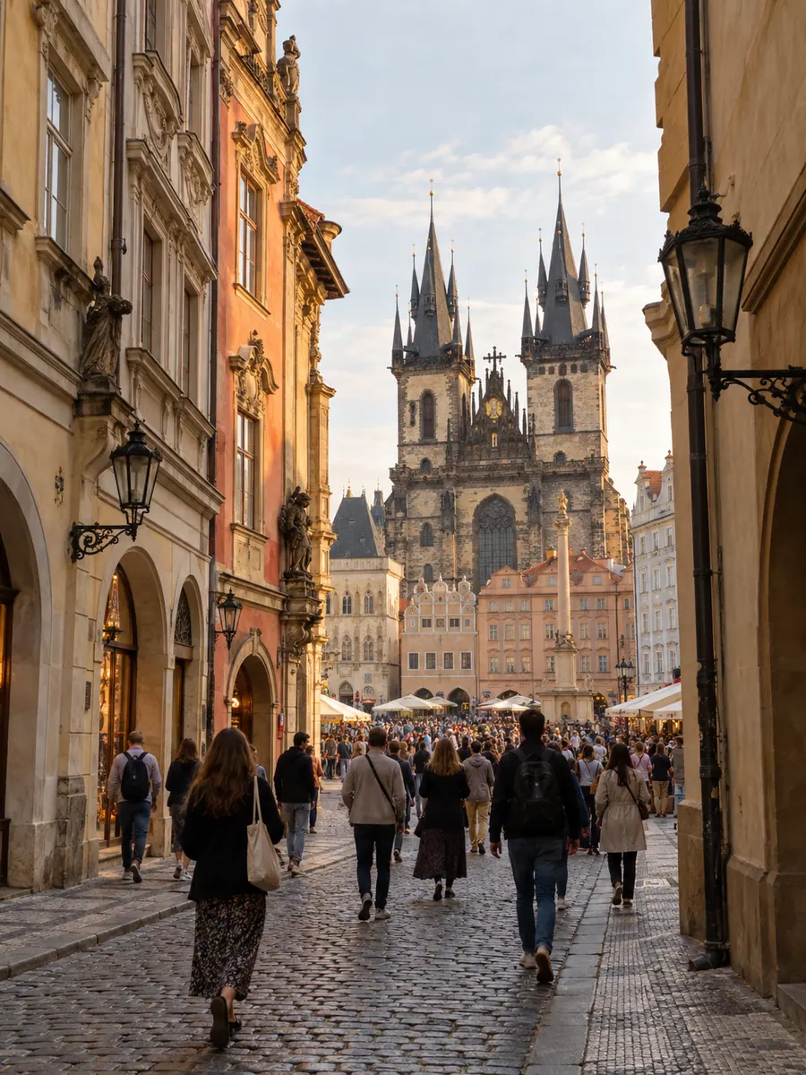 Un vicolo acciottolato di Praga che porta alla piazza della Città Vecchia, con le torri gotiche della chiesa di Týn