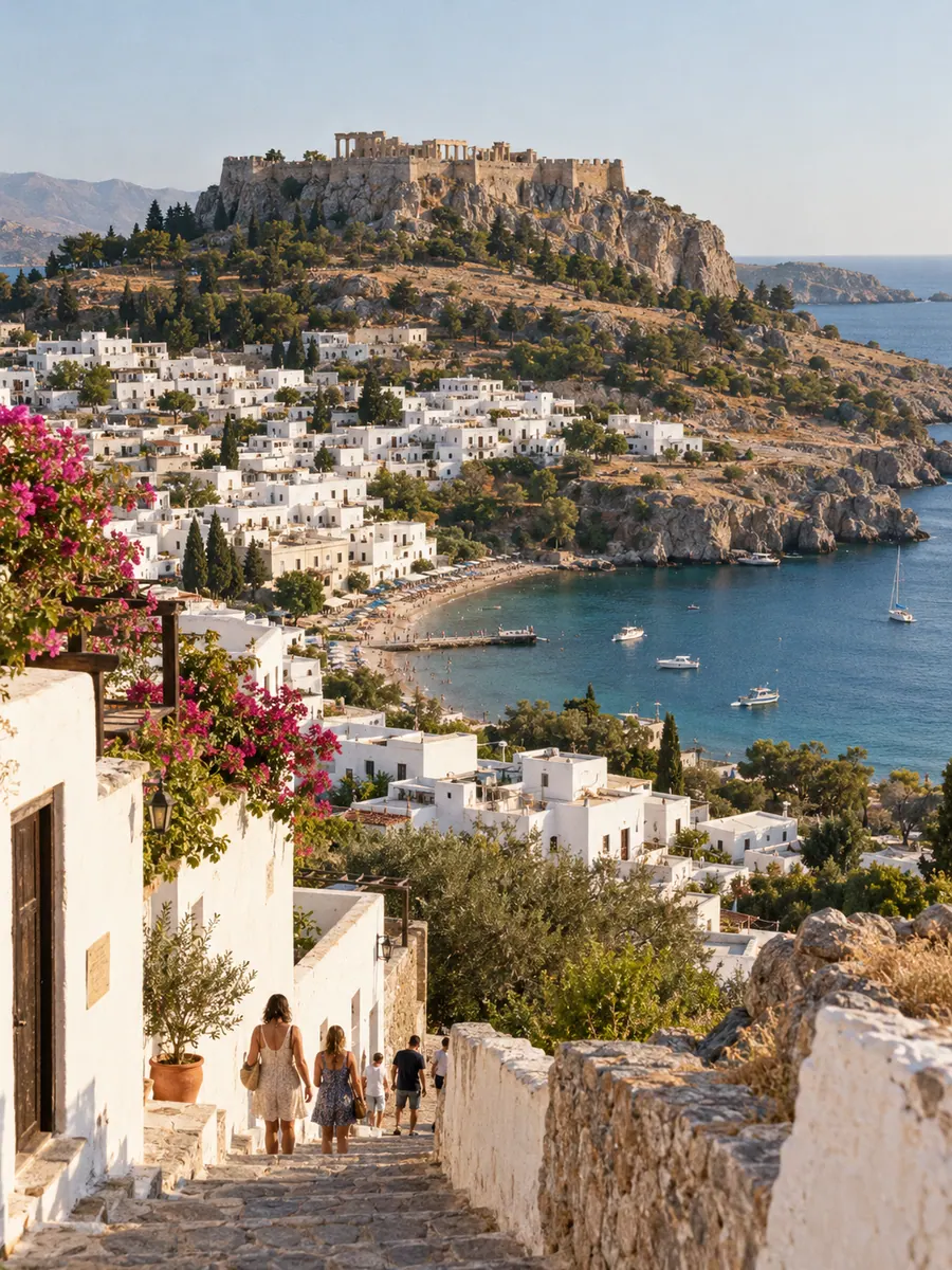 Il villaggio bianco di Lindos, a Rodi, con l’acropoli sulla rocca e la baia blu, persone che salgono per una stradina