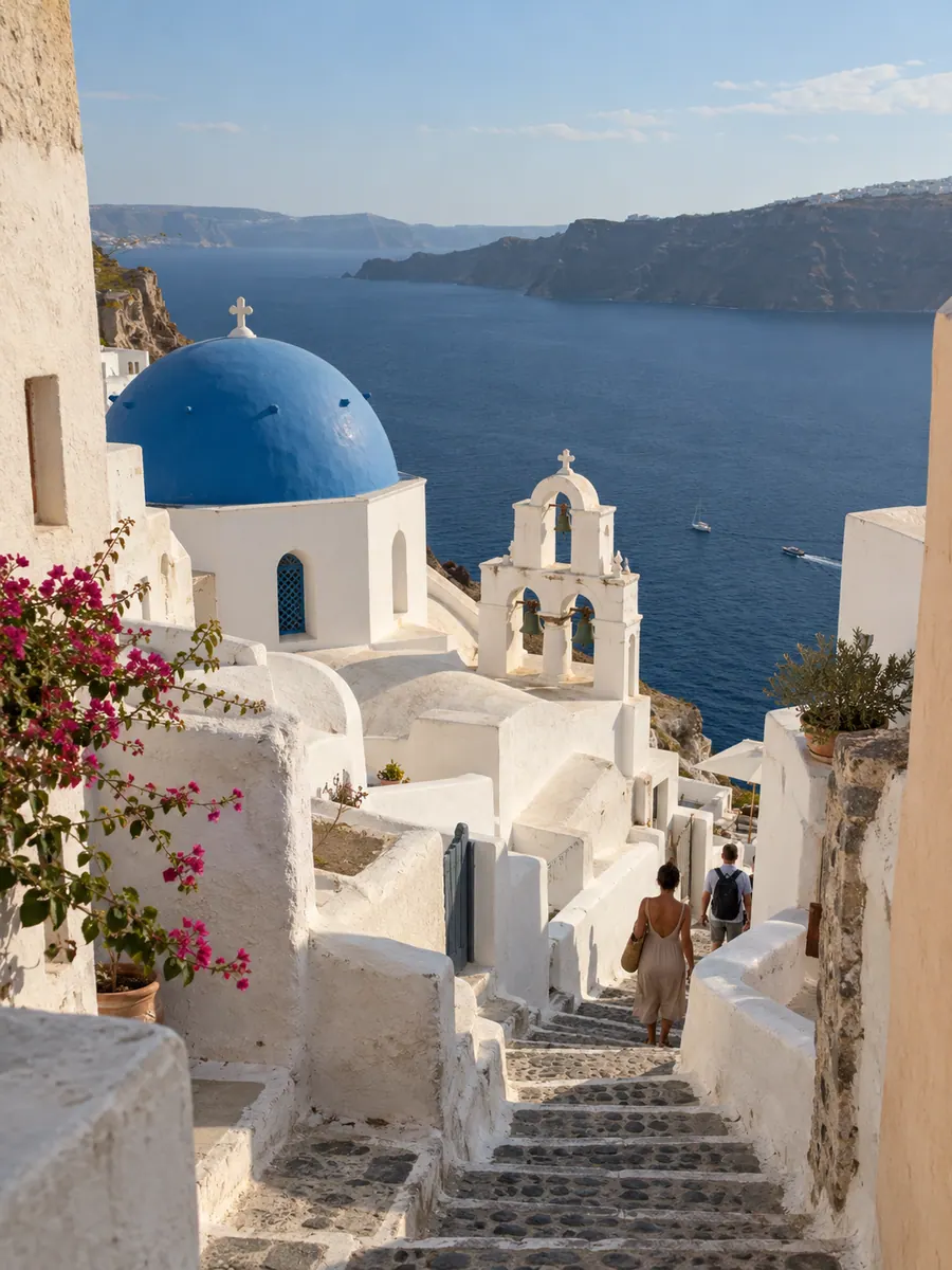 Una stradina a gradini di Oia, a Santorini, con una chiesa dalla cupola blu, il campanile bianco e la caldera sotto
