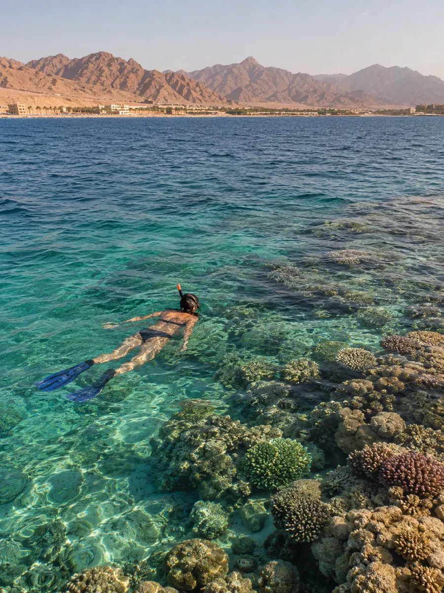 Una persona fa snorkeling sopra la barriera corallina nell’acqua turchese di Sharm el Sheikh, montagne del deserto sullo sfondo
