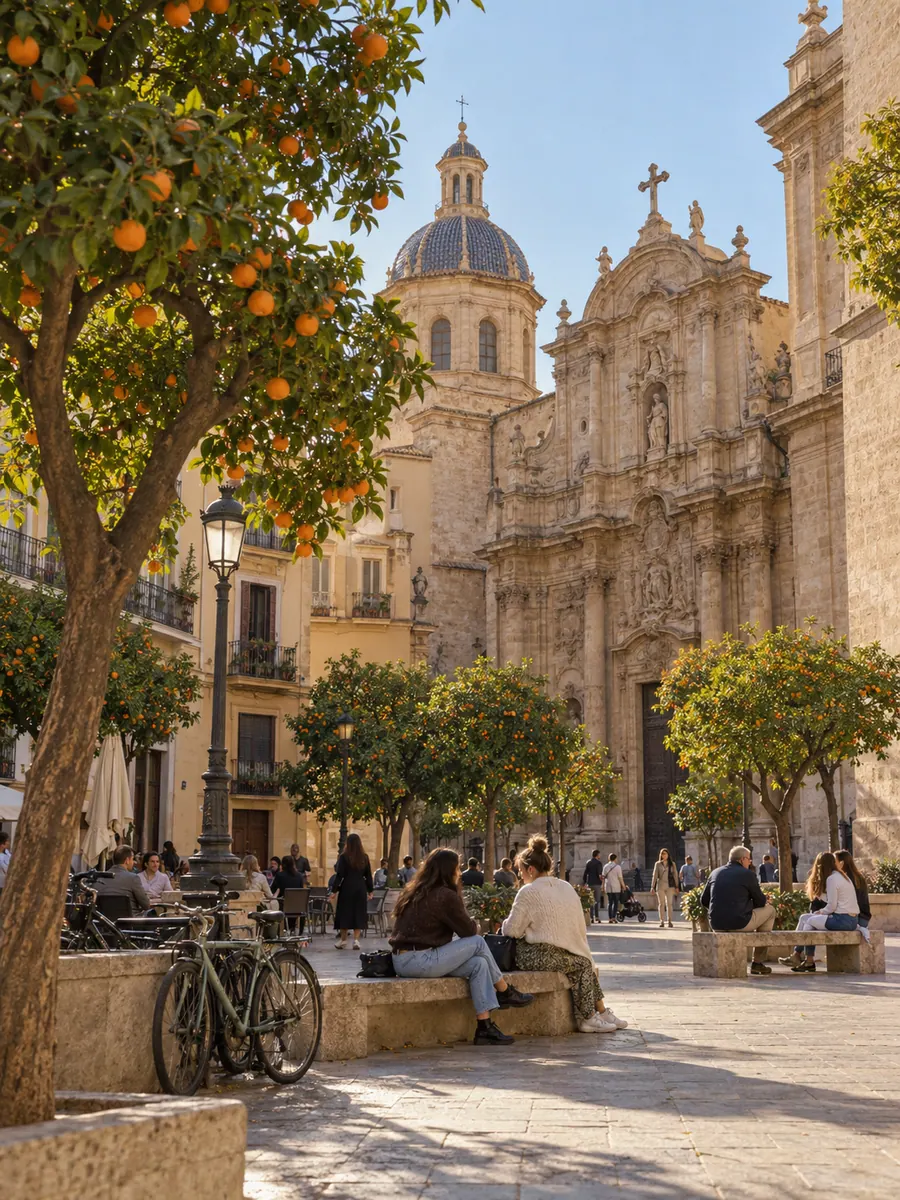 Una piazza del centro storico di Valencia con aranci e la facciata barocca di una chiesa, gente seduta sulle panchine