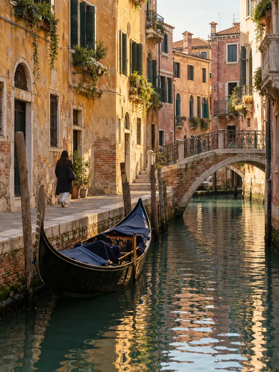 Un canale secondario di Venezia con una gondola ormeggiata vicino a un ponticello di pietra