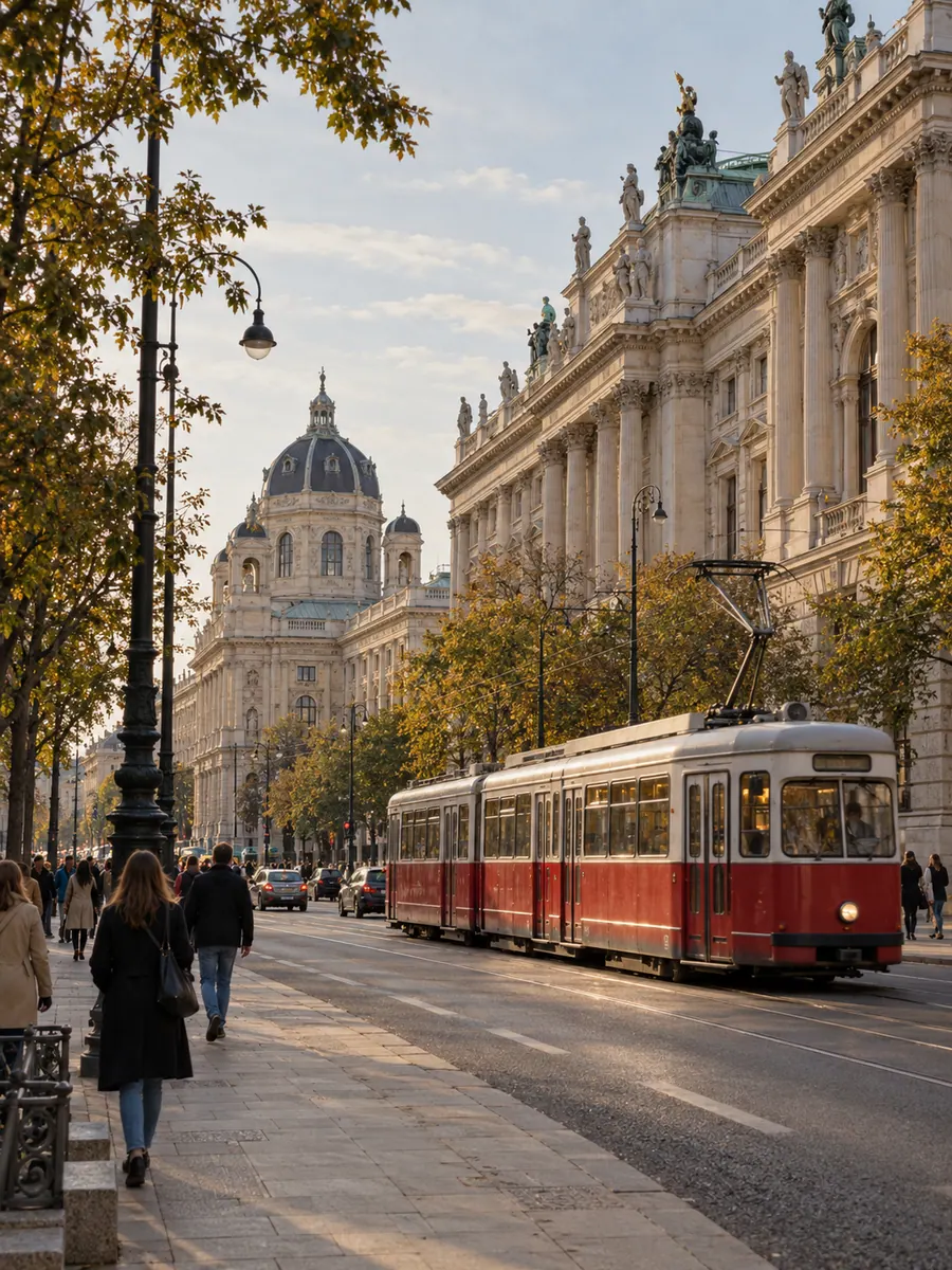 Un tram rosso e bianco sul Ring di Vienna davanti ai palazzi imperiali