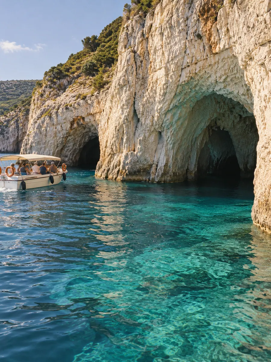 Le scogliere bianche di Zante vicino alle Grotte Azzurre, con una barca di gitanti nell’acqua turchese