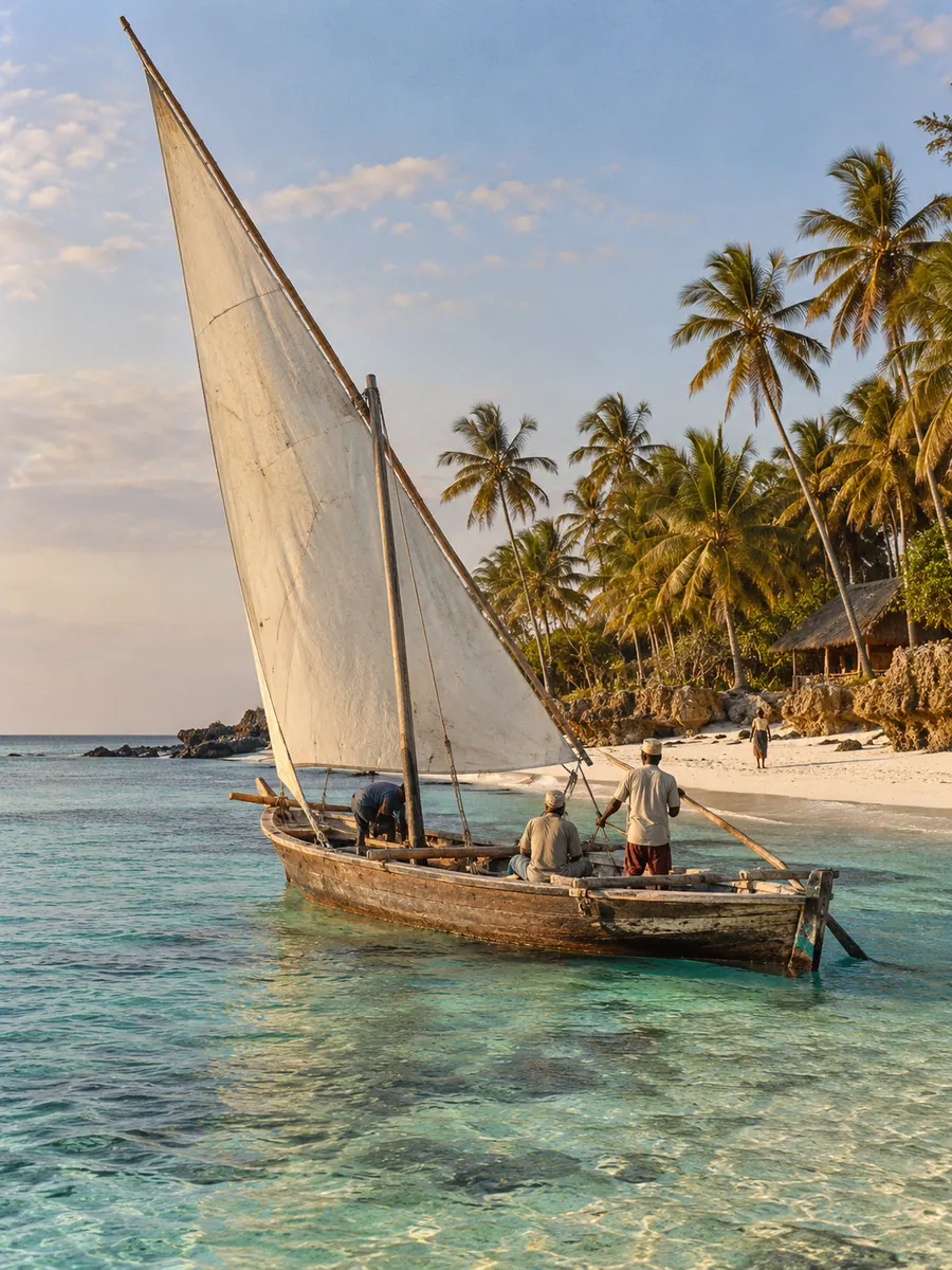 Un dhow con la vela bianca sull’acqua bassa e turchese davanti a una spiaggia di Zanzibar