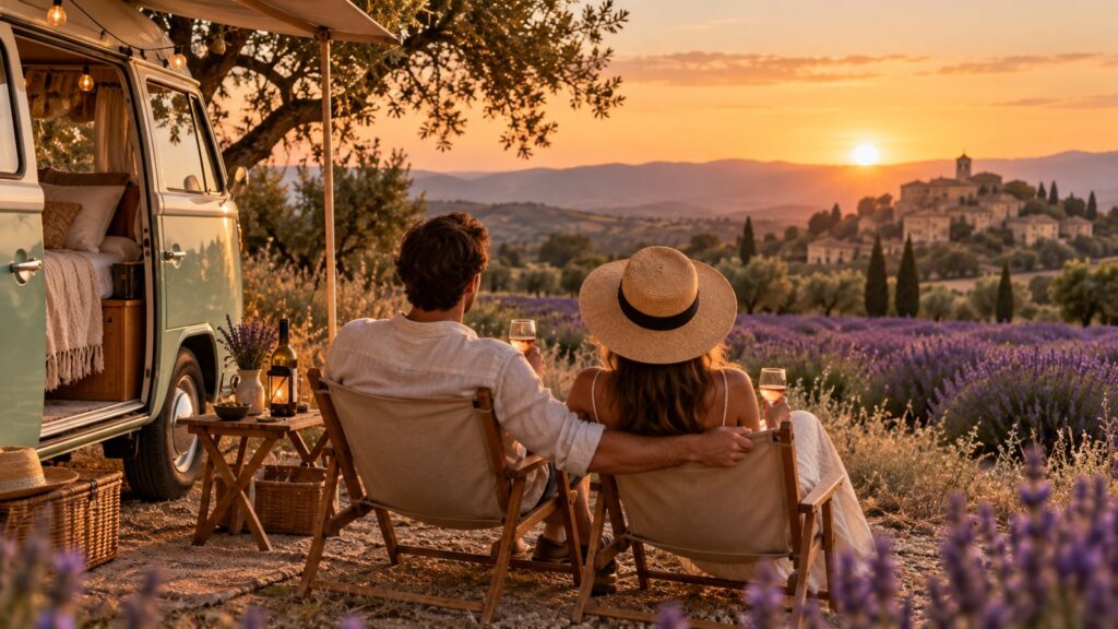 Coppia in campeggio romantico davanti a un camper vintage al tramonto in un campo di lavanda