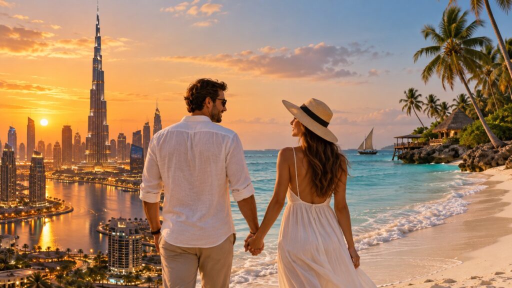 Coppia in viaggio di nozze che guarda il skyline di Dubai al tramonto e poi cammina su una spiaggia di Zanzibar