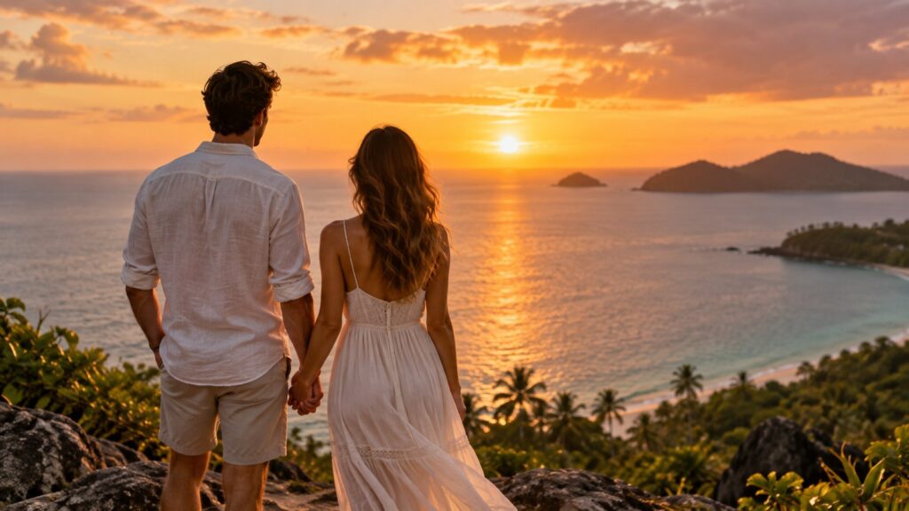 Coppia di sposi che si tiene per mano mentre guarda il tramonto su un oceano tropicale durante un viaggio di nozze intercontinentale