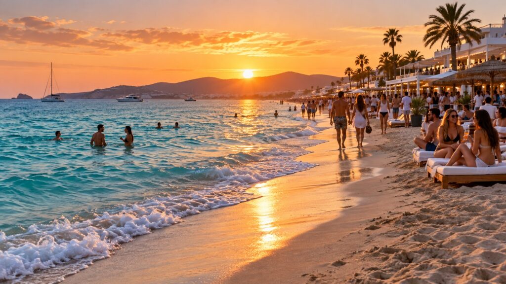 Spiaggia di Ibiza al tramonto con giovani che godono dell'estate