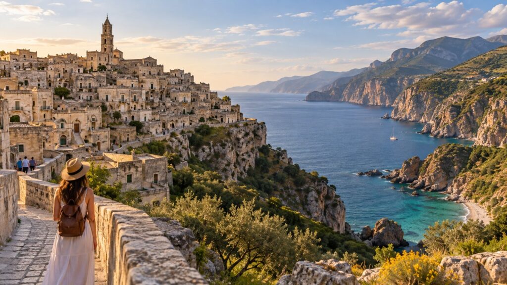 Panorama dei Sassi di Matera e delle coste del Parco Nazionale del Cilento in Italia