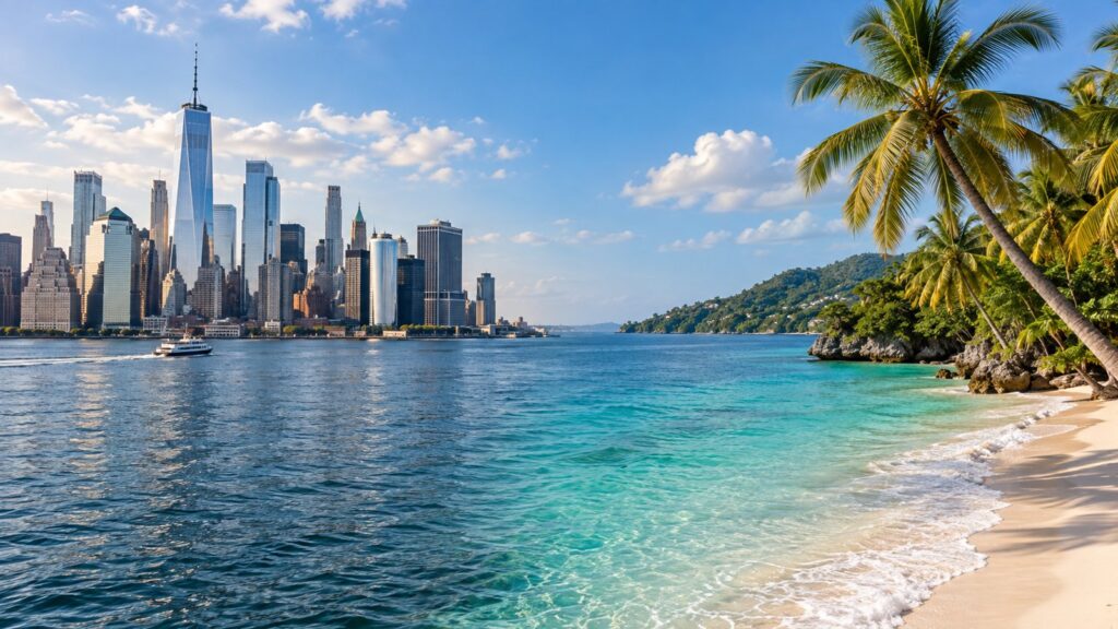 Confronto visivo tra skyline di New York e spiaggia della Giamaica