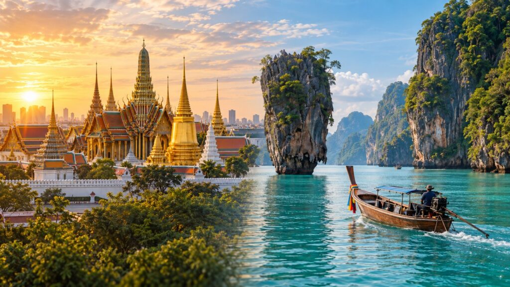 Vista aerea del Grande Palazzo di Bangkok con guglie dorate e lunga barca tradizionale sulla spiaggia di Patong a Phuket al tramonto