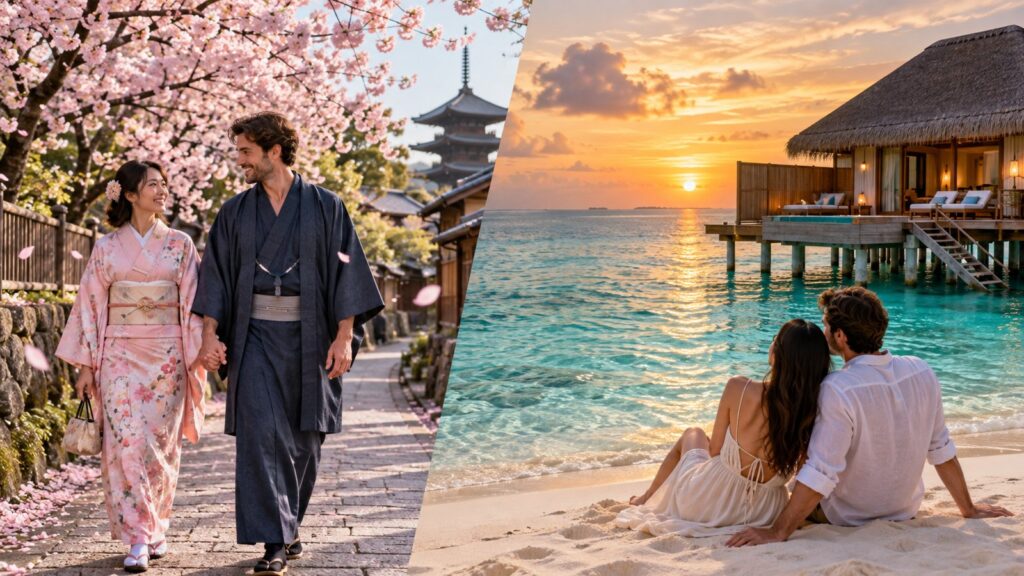 Coppia sotto gli alberi di ciliegio in fiore in Giappone e bungalow sulle Maldive al tramonto